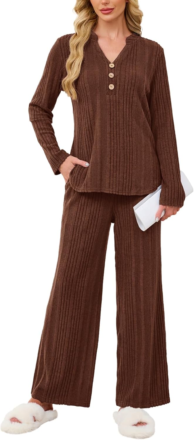 VUTRU Womens Ribbed Knit Lounge Set Long Sleeve Top and Long Pants 2 Piece Outfits Pajamas Sets Sleepwear PJ Sets