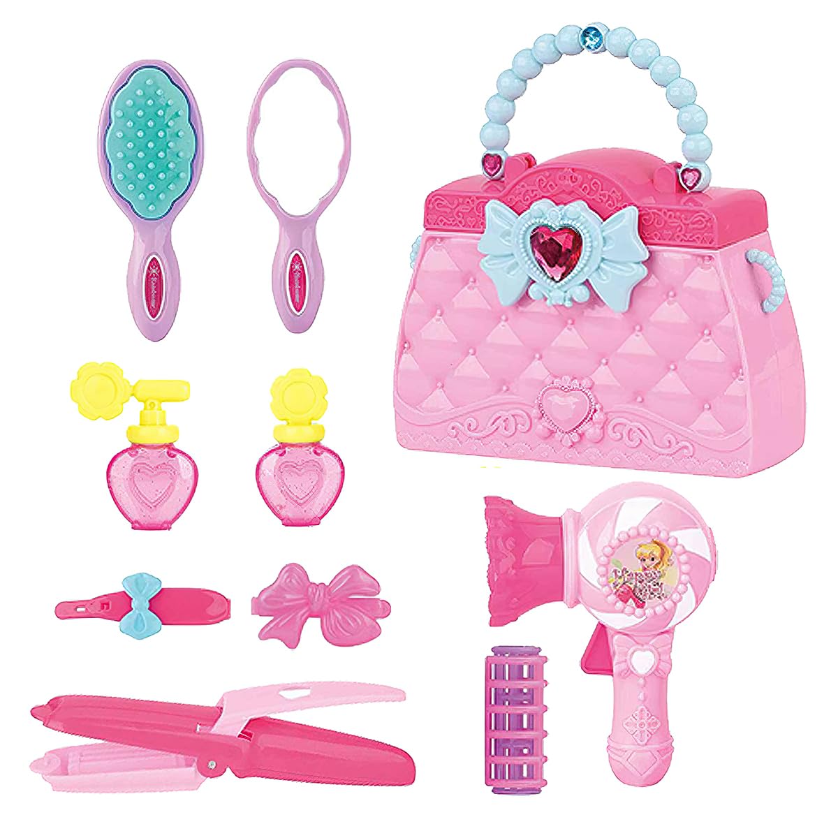 Koolbitz 12Pcs Girls Beauty Vanity Set, Pink Cosmetic Bag, Blow Dryer, 2 Perfume Bottles, Mirror, Hair Brush, Hair Straightener, Curls and Hair Clips, Pretend Play Vanity Toy for Girls Ages 3+ Years โ image 1