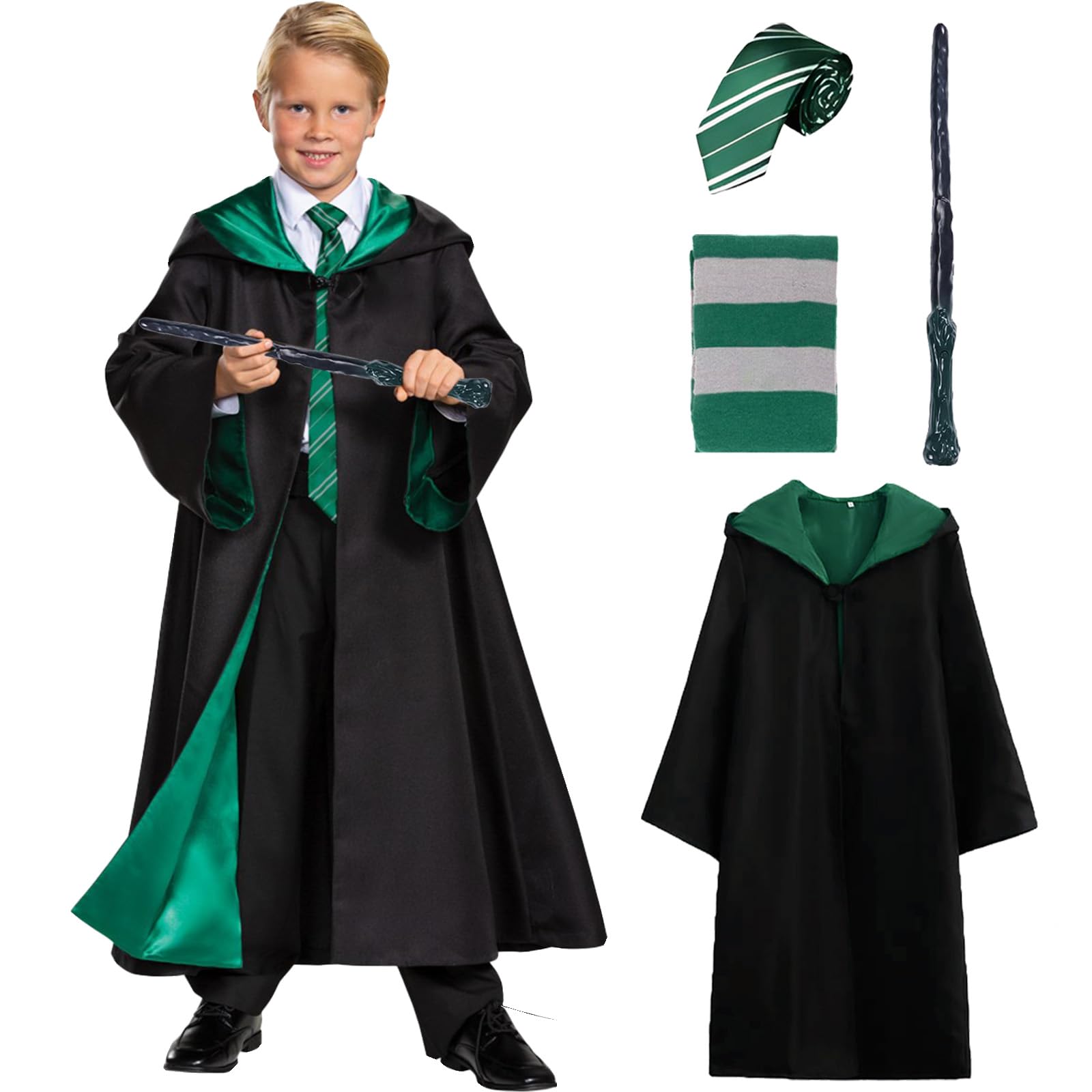 yumcute Wizard Costume Kids Cosplay Set, Magic Robe Outfits with Wand,Scarf,Tie Accessories