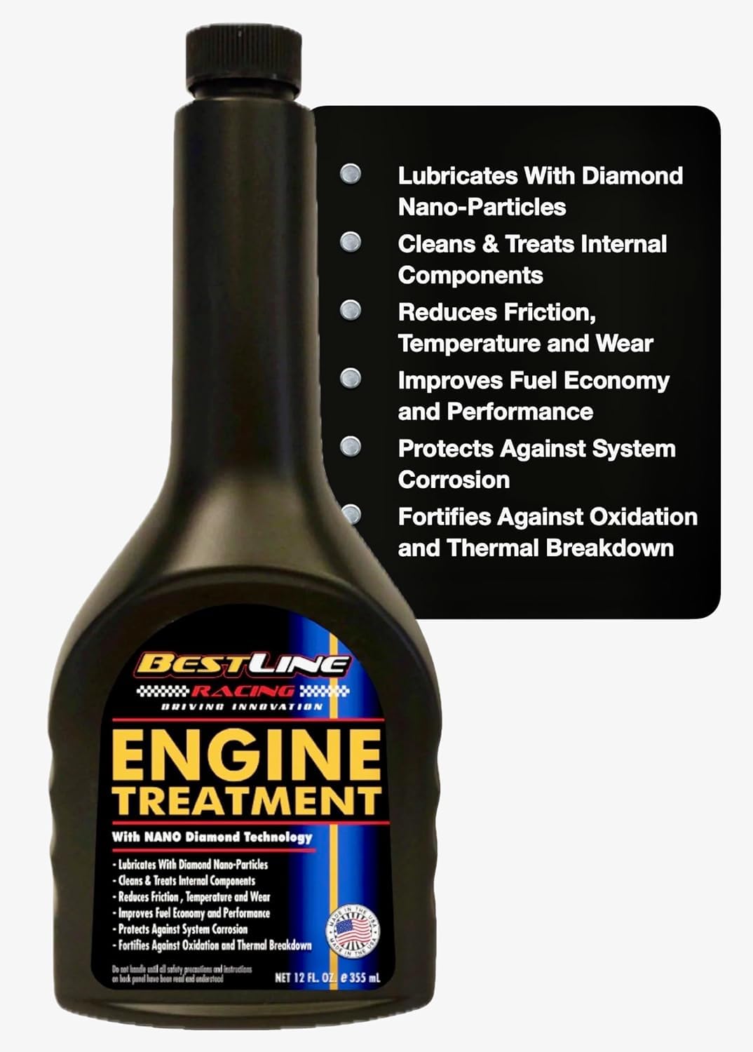 BestLine Racing - Engine Oil Additive for all Gas & Diesel Engines - Reduces Wear, Noise, Vibration - Boosts Fuel Economy & Horsepower - Made in the USA, Treats 5-quarts of oil.