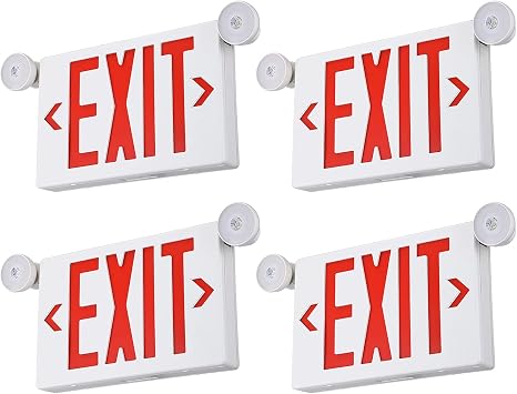 TORCHSTAR LED Exit Sign with Emergency Lights, Emergency Exit Light with Battery Backup, Two LED Adjustable Heads, Double Face, UL Listed, AC 120/277V, Red Letter Exit Sign Combo, White, Pack of 4