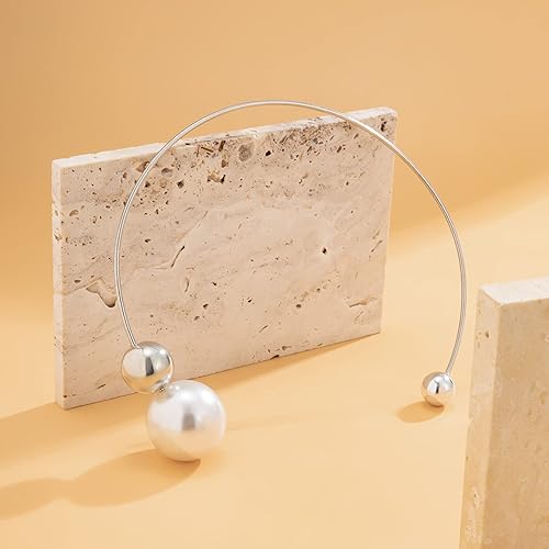 Miniatura 5 de Gargantilla abierta de metal con perlas grandes, collar ajustable de plata con perlas grandes para mujer, collar redondo abierto, elegante collar de