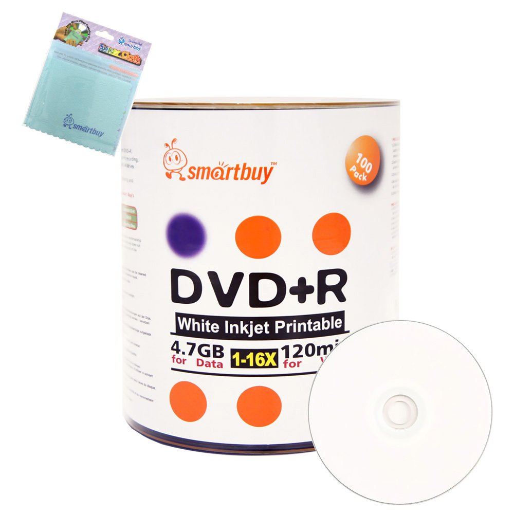 Smartbuy 100-disc 4.7GB 120min 16x DVD R White Inkjet Hub Printable Blank Media Disc Free Micro Fiber Cloth-picture-13