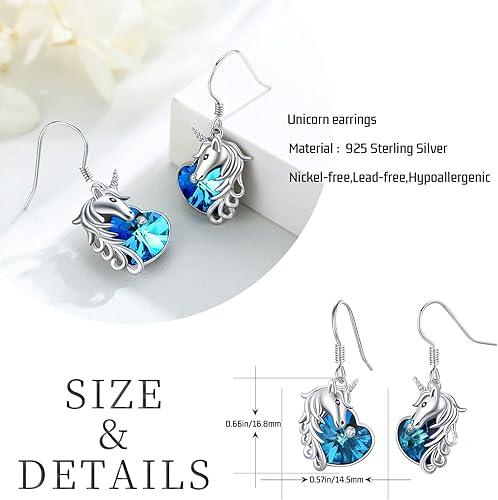 Miniatura 7 de Aretes de unicornio de plata de ley 925, hipoalergénicos, aretes colgantes de cristal azul, joyería de regalo de unicornio para mujeres y niñas