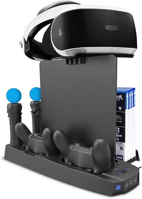 CHIN FAI PS4 VR Multifunctional Vertical Stand - Charging & Cooling Stand Charger Docking Station for PS4/PS4 Slim/PS4 Pro/PSVR Controller with Dual Controller Charge Port and Game Disc Storage