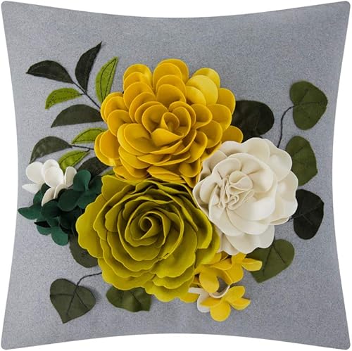 JWH Fundas de almohada de flores 3D hechas a mano con estética decorativa, color amarillo, fundas de almohada decorativas florales, cojín colorido