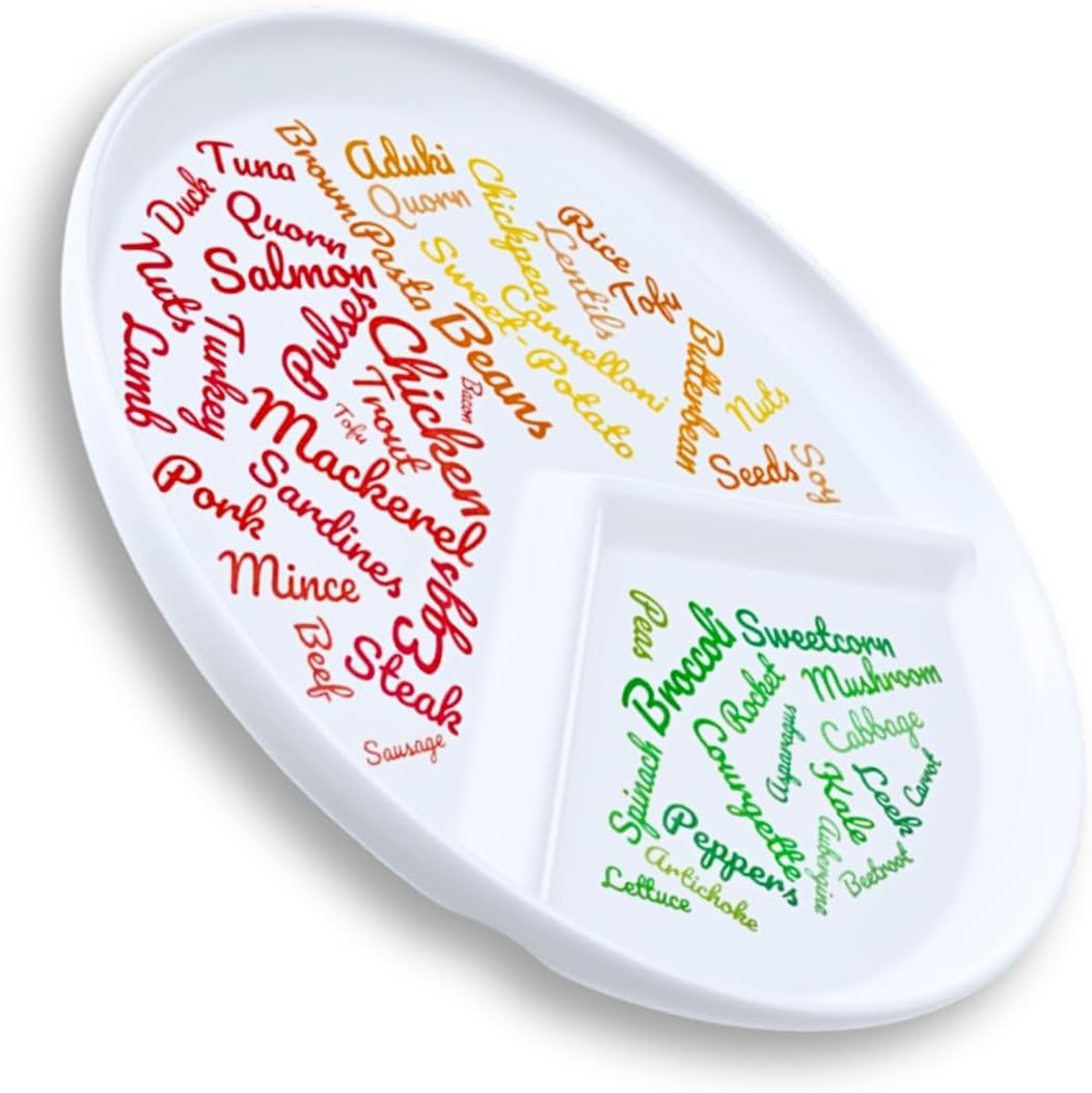 Divided Portion Control Diet Plate for Adults - Unique Ridged Section & Food Ideas, Dishwasher Safe