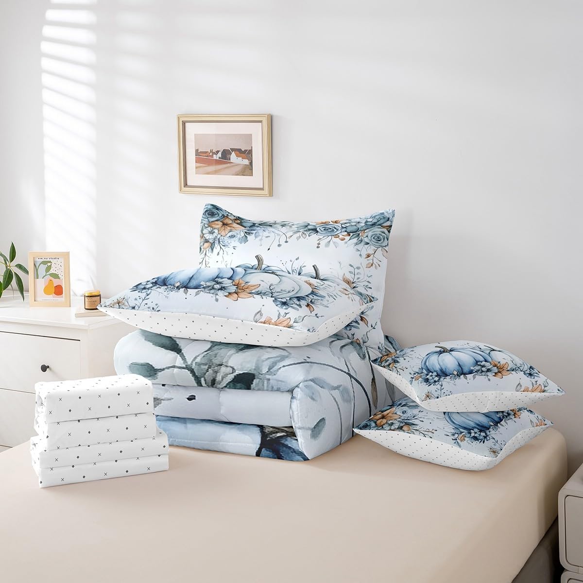 Erosebridal Fall Blue Pumpkin Bedding Set Watercolor Maple Eucalyptus Leaves Bed in A Bag Autumn Thanksgiving Queen Comforter Set 7 Piece for Kids,Rustic Farmhouse Sheet Set with Comforter
