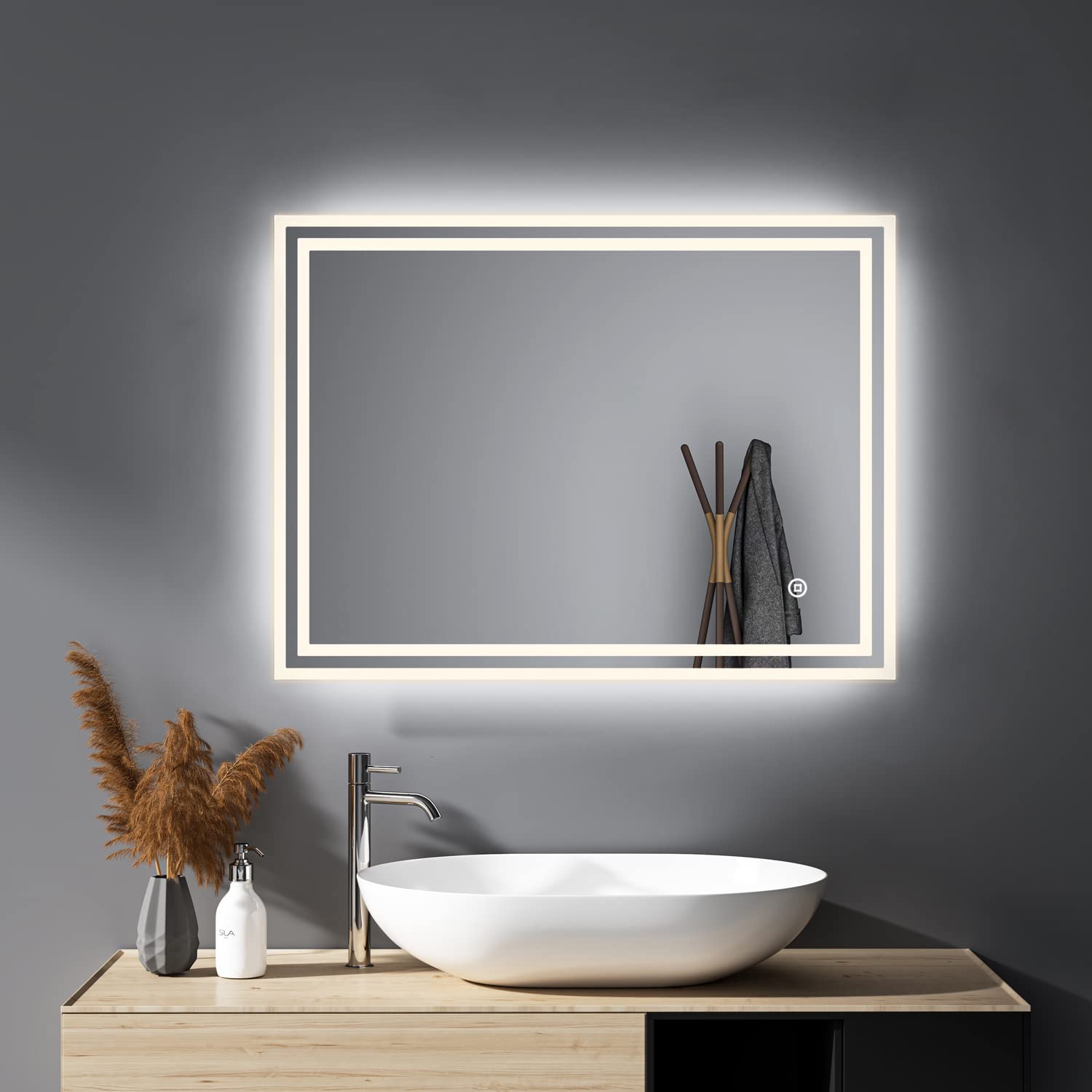 Badspiegel Beleuchtung 40x60cm 3 Lichtfarbe Wandspiegel WandSchalter Touch-Schalter Badezimmerspiegel Rechteckiger LED Kaltweiß 6500K IP67 energiesparend horizontaler vertikaler Einbau A++