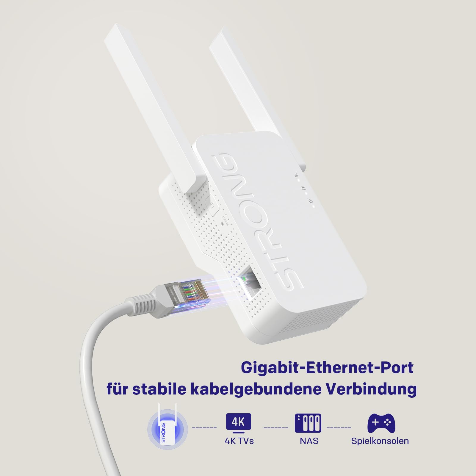 STRONG WLAN Verstärker AX3000 Wi-Fi 6 für Steckdose – Dualband Repeater & Internet Verstärker mit 2 externen Antennen, Smart LED, Access Point Modus, hohe Reichweite für Streaming & Gaming, kompatibel