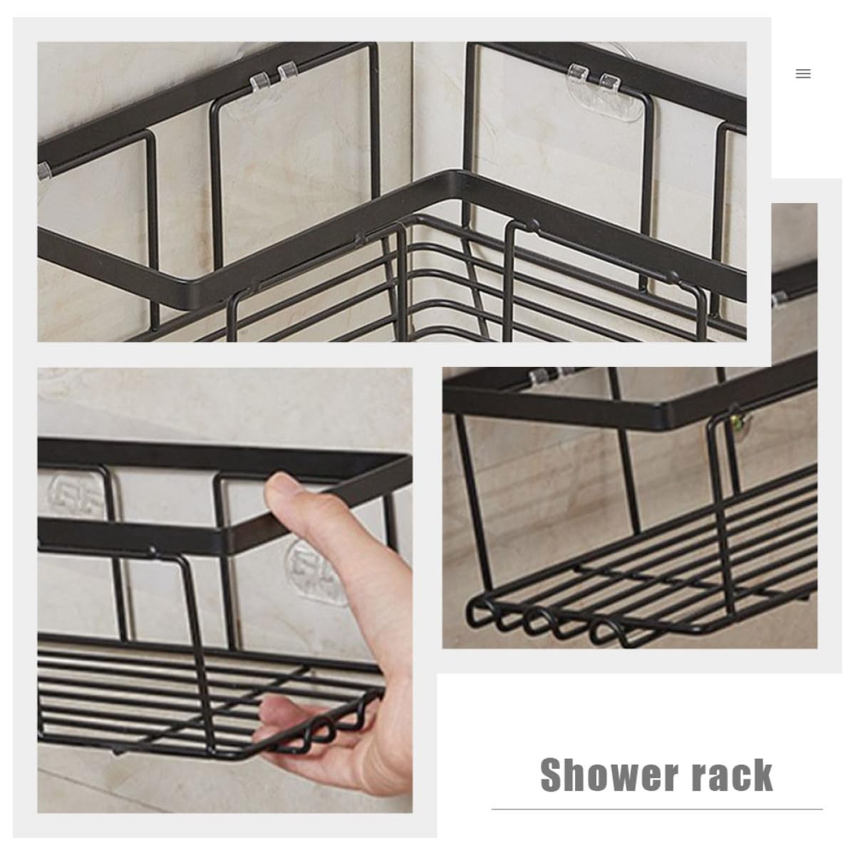 Organizadores de Ducha Negro de Esquina de Acero al Carbono Adhesivo Fuerte sin Taladro 2 Piezas, Estantes en Forma de L para Baño para Jabón y Accesorios