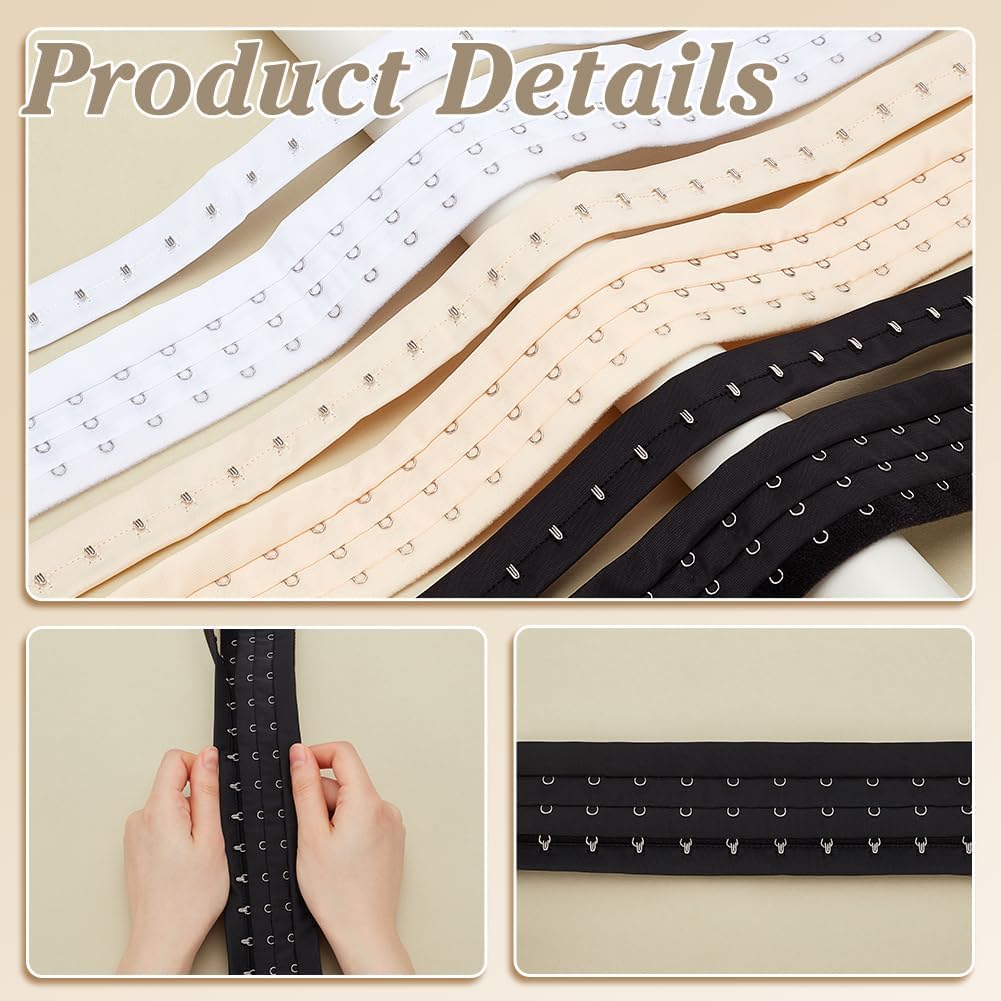 BENECREAT 3.28Yard 3 Colors Three Row Hook and Eye Tape Trim, Polyester 2" Wide Corset Bra Extender for Bridal Costumes Corset Bra Sewing Craft, Black, White, Moccasin, 1.1Yard/Color