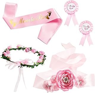 Xinnun 5 Pcs Baby Shower Maternity Sash Kit Shoulder Sash and Pin Daddy Corsages Flower Crown Pregnancy Sash Rose Wreath Headdress for Baby Shower Pregnancy Parents Prop Present Party Favor(Pink)