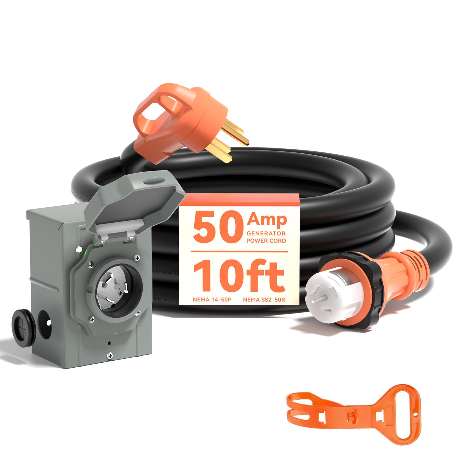 Photo 1 of A A IN 50 Amp Generator Cord 10FT and Power Inlet Box, Pre-Drilled 50 Amp Generator Inlet Box with Cord, NEMA 14-50P to SS2-50R Waterproof Cable Combo Kit, 125/250V, ETL Listed