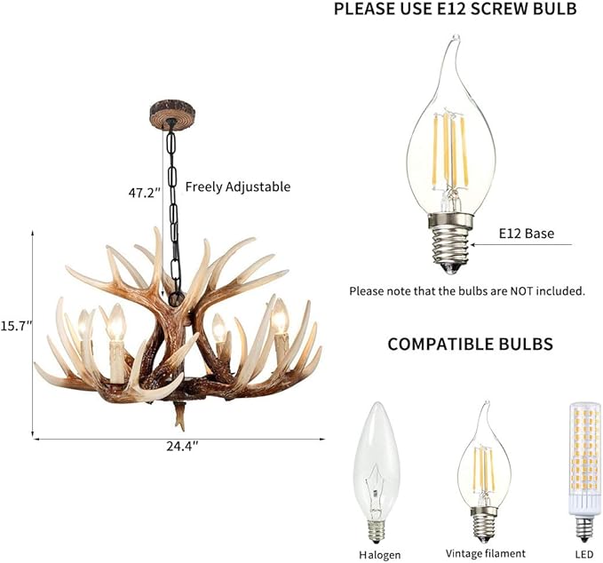 NNYDM Antler Kroonluchter 4 Licht 24.5" Diameter X 15.75" Hoog, Geschikt voor Antler Lamp voor Cafés, Bars, Keuken photo 3