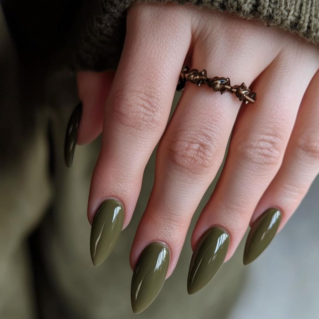 KQueenest Soft Gel Press on Nails Almond Medium, Olive Green False Nails Almond - Image 3