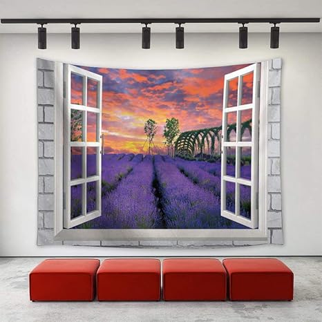 Amazon Co Jp Refoiner 花柄 タペストリー 風景タペストリー壁掛け 3d窓の外のラベンダー 壁タペストリー 多機能壁掛け 背景壁芸術タペストリーは寝室の居間の寮のマンションのホテルの新居の装飾に使います 230x150cm A ホーム キッチン