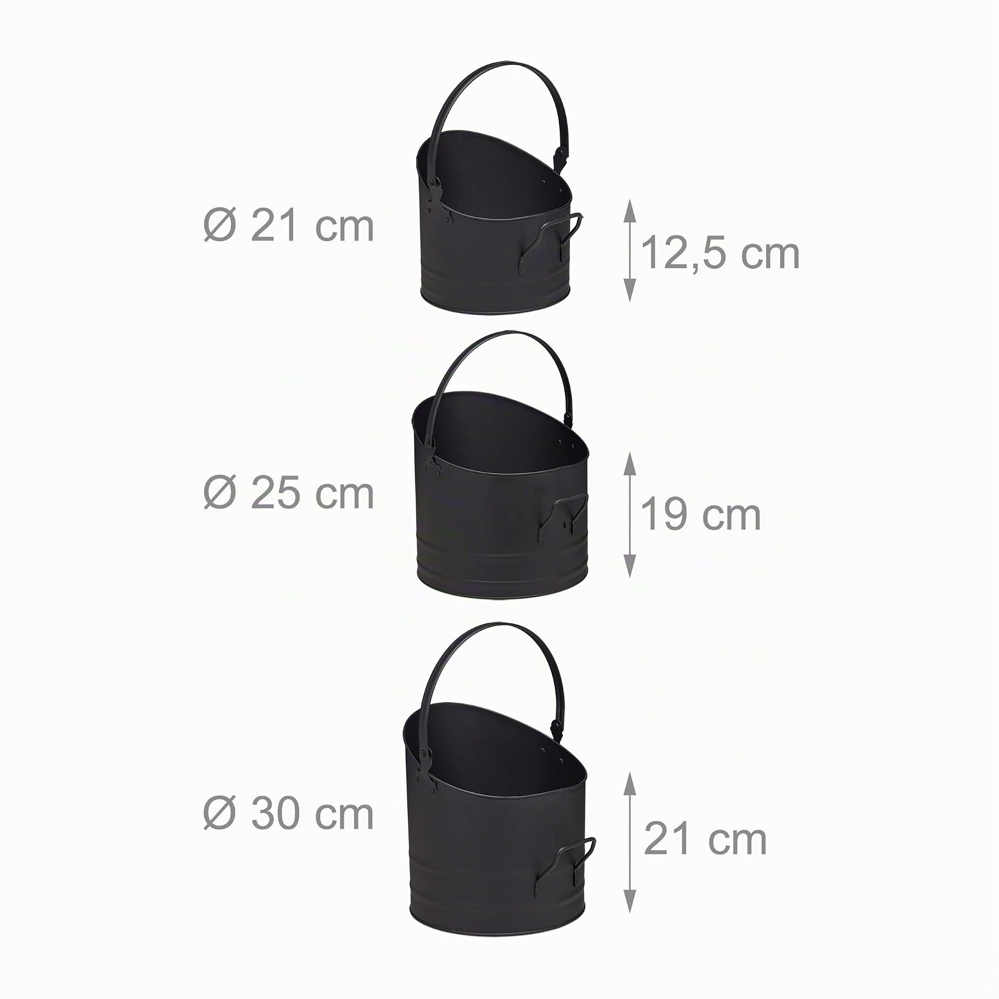 Relaxdays Ceste Porta Pellet, Set da 3 Contenitori ∅ ognuno 21, 25 & 30 cm, Cesto Manico & Impugnatura Pieghevole, Nero