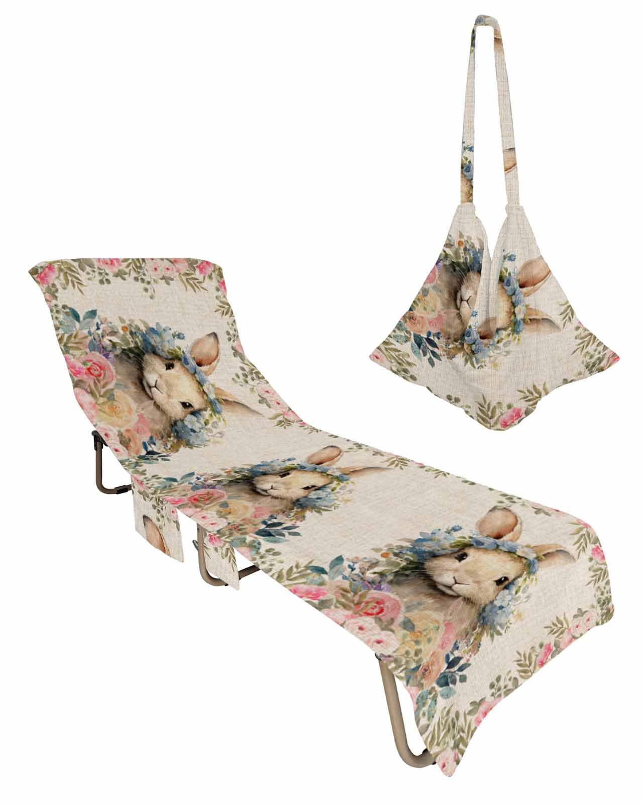 Easter Rabbit Beach Chair Towel Covers for Chaise Lounge with Side Pocket, Soft Plush Pool Towels Cover for Patio Sunbathing Outdoor 29''x85'' Easter Bunny Botanical Rose Blue Flower