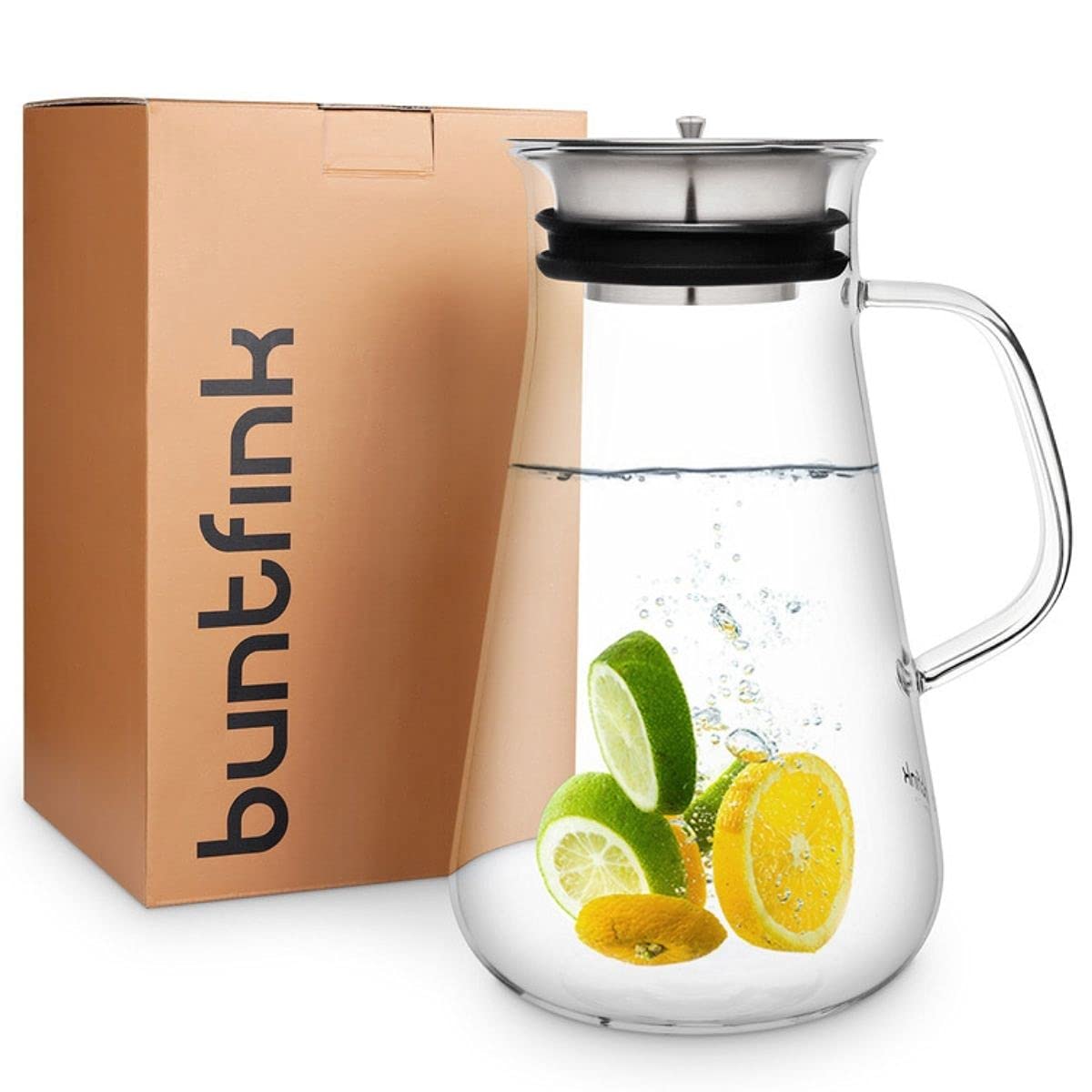 buntfink MultiPitcher zaparzacz do kawy 3 w 1 do Cold Brew Coffee | szklana karafka 1,5 l | karafka na wodę z pokrywką ze stali nierdzewnej | zaparzacz do kawy na zimno i herbaty | bez plastiku