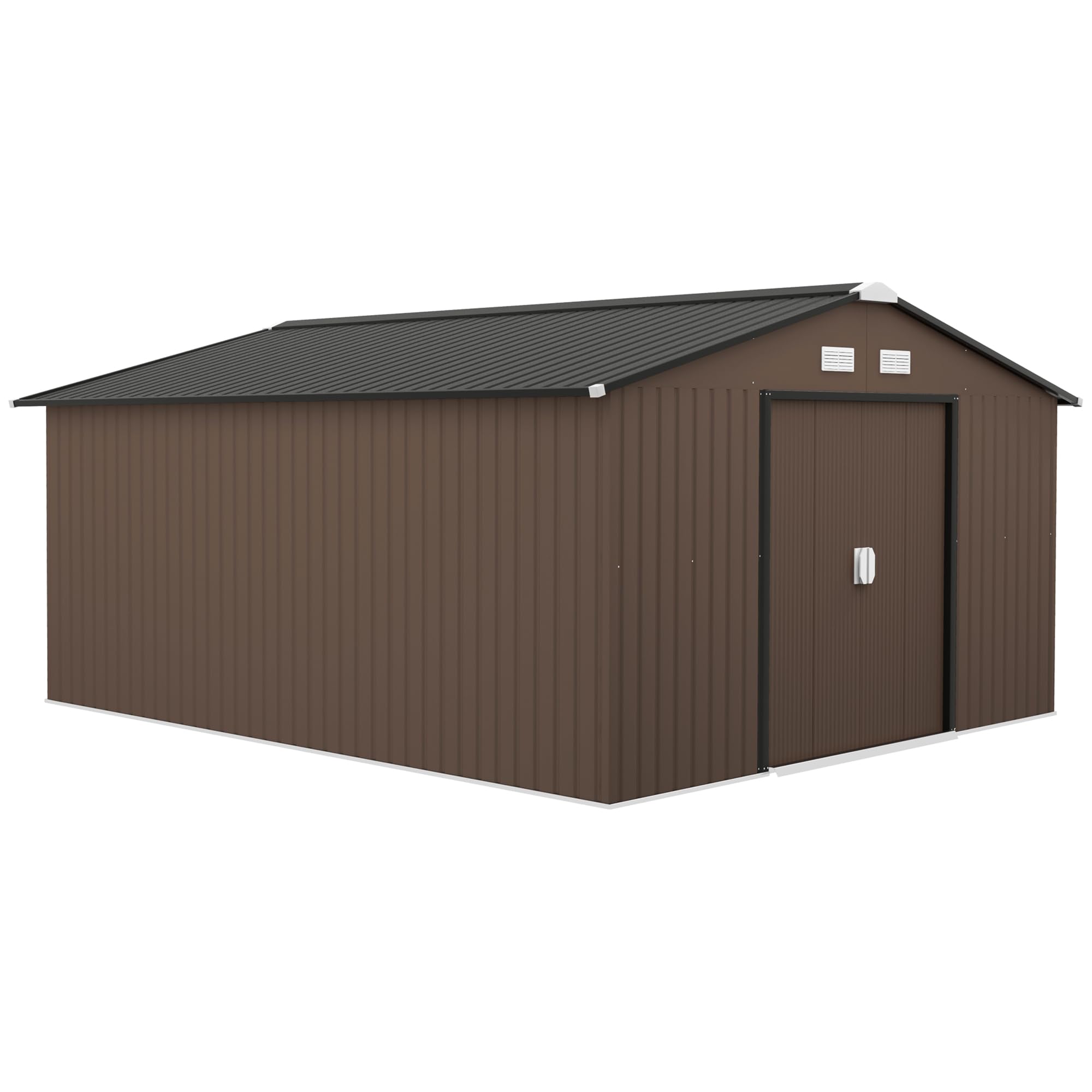 Outsunny 11フィート x 13フィート 屋外収納小屋 ガーデンツールハウス フロアファンデーション付き 4つの通気口 2つの簡単なスライドドア 裏庭/パティオ/ガレージ/芝生用 ブラウン