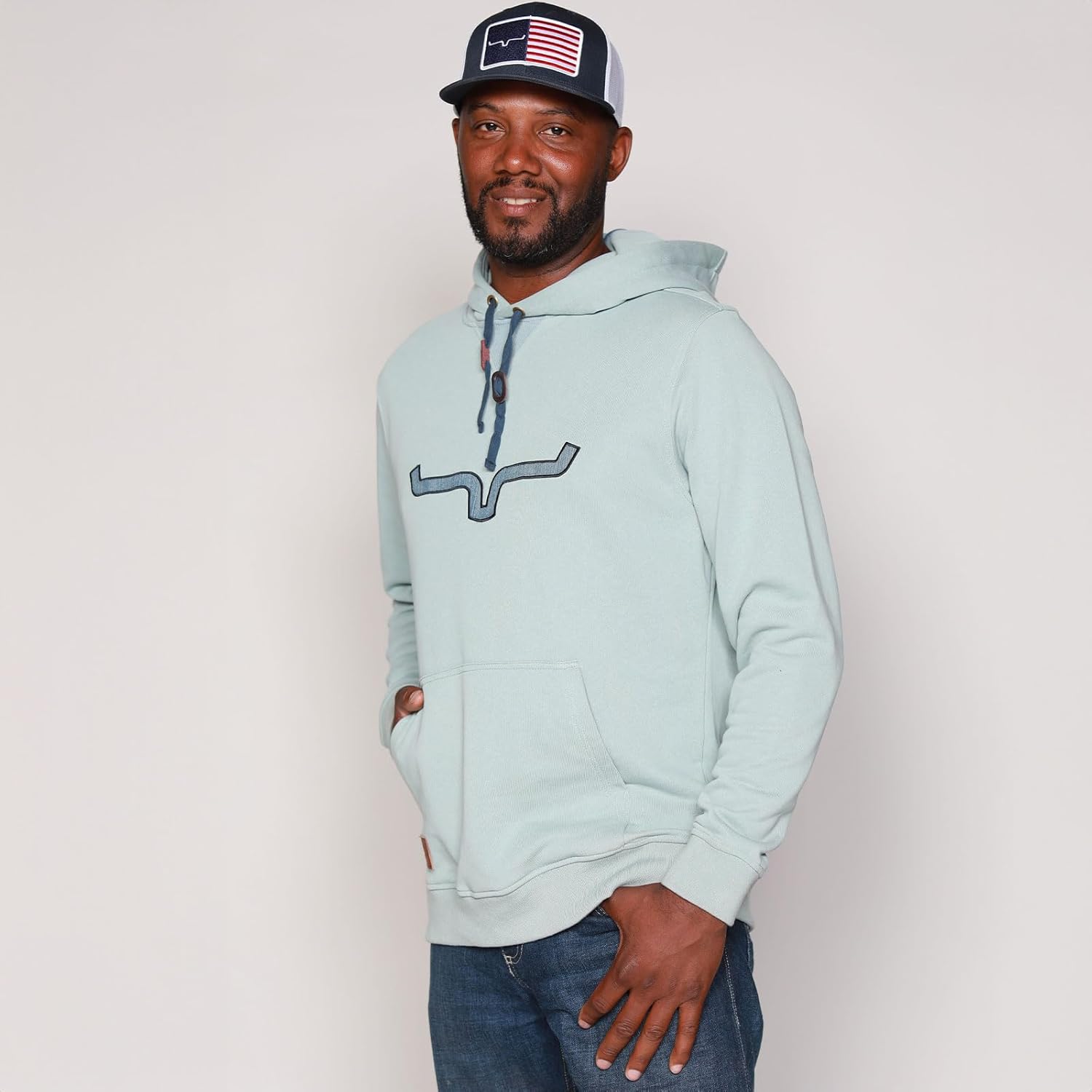 Kimes Ranch Men's TTL Casual Horns Logo Applique French Terry Hoodie with Pouch Pocket, Ribbed Cuffs & Hem