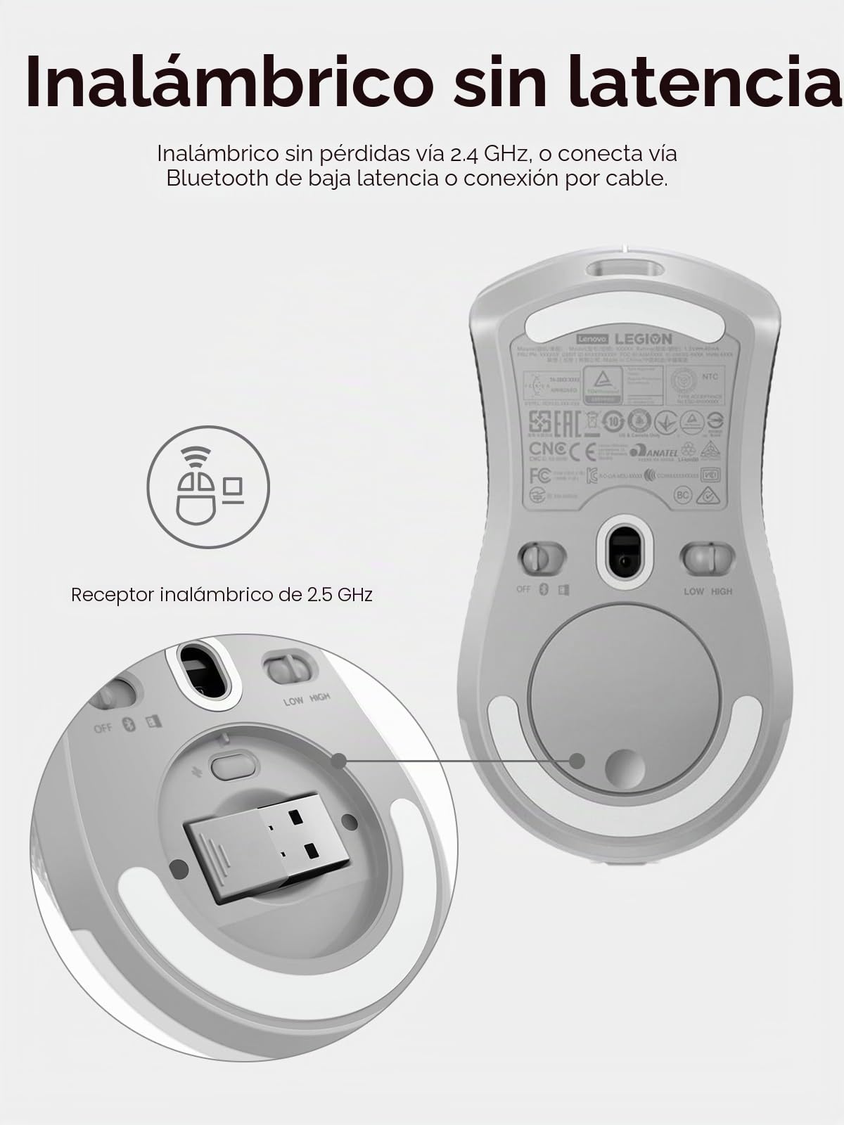 Lenovo Legion M600 - Ratón Inalámbrico para Juegos (Sensor óptico 16.000 dpi, Diseño Ambidiestro, Retroiluminación LED RGB, 9 Botones) Gris Claro