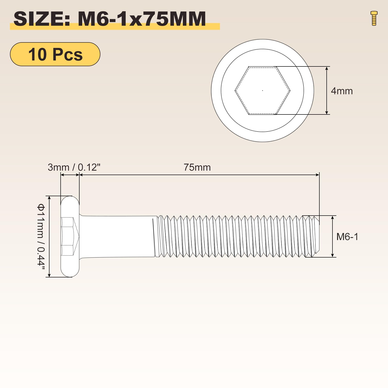 METALLIXITY Flat Head Hex Socket Cap Screws Bolts(M6-1x75) 10Pcs, Steel Hex Socket Furniture Bolts Screws - Image 2