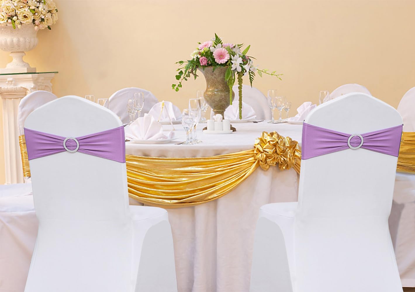 Condition photo showing New/Like New for 50pcs spandex lilac chair sashes for wedding stretch chair bands with buckles universal elastic chair ties bows for party folding chairs celebration ceremony events decorations