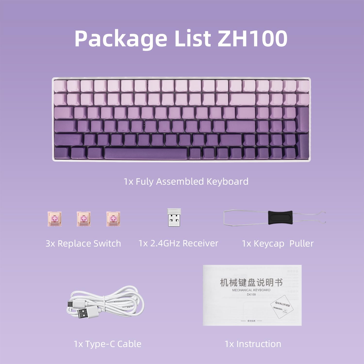 ZORNHER ZH100 Wireless Mechanical Gaming Keyboard,98% Purple Custom Creamy Keyboard with Number Pad, PBT Keycaps,Pre-lubed Linear Switches,Hot-Swappable,RGB Backlit,2.4GHz/USB-C/BT5.0