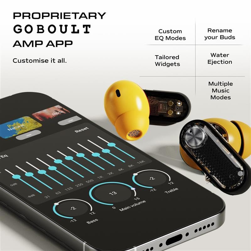 Image of GOBOULT Mustang Sprint in Ear Earbuds with 60H Playtime, Amp App Support, 32dB Active Noise Cancellation, Quad Mic ENC, Dual Device Pairing, 10mm Drivers, BTv 6.0 TWS (Turbo Yellow)