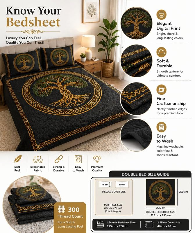Image of Akshya Double Bedsheet King Size (90x100 Inch) with 2 Pillow Covers | 300 TC Microfiber Soft Bedsheet | Grey Tree Nature Printed Bedsheet for Double Bed