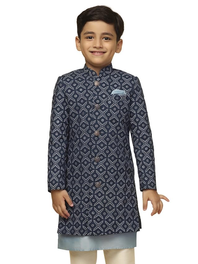 Kisah Kids Sherwani Cotton Blend Printed Indo-Western Sherwani For Kids, Blue, 9-10 Years