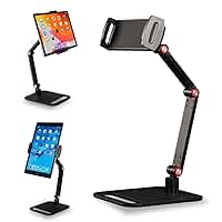Suporte de Mesa para Tablet com Base Giratória 360° em Alumínio Resistente com Pedestal e Braço Articulável Ajustável Dobrável e Retrátil na Vertical Compatibilidade Universal com Tablets (Preto)