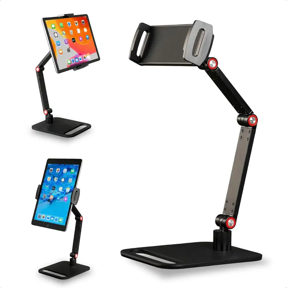 Suporte de Mesa para Tablet com Base Giratória 360° em Alumínio Resistente com Pedestal e Braço Articulável Ajustável Dobrável e Retrátil na Vertical Compatibilidade Universal com Tablets (Preto)