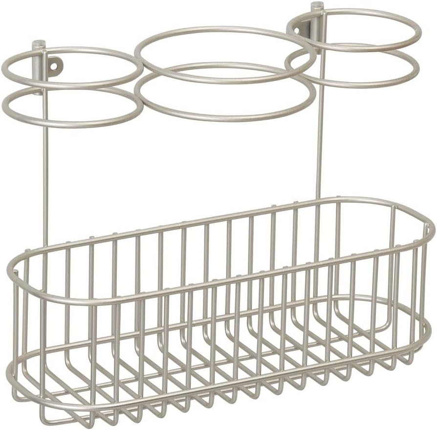 mDesign Wall Mount Hair Care, Hot Styling Tool Organizer Storage Basket for Hair Dryer, Flat Irons, Curling Wands, Hair Straighteners, Space Saving, 3 Sections - Concerto Collection - Satin