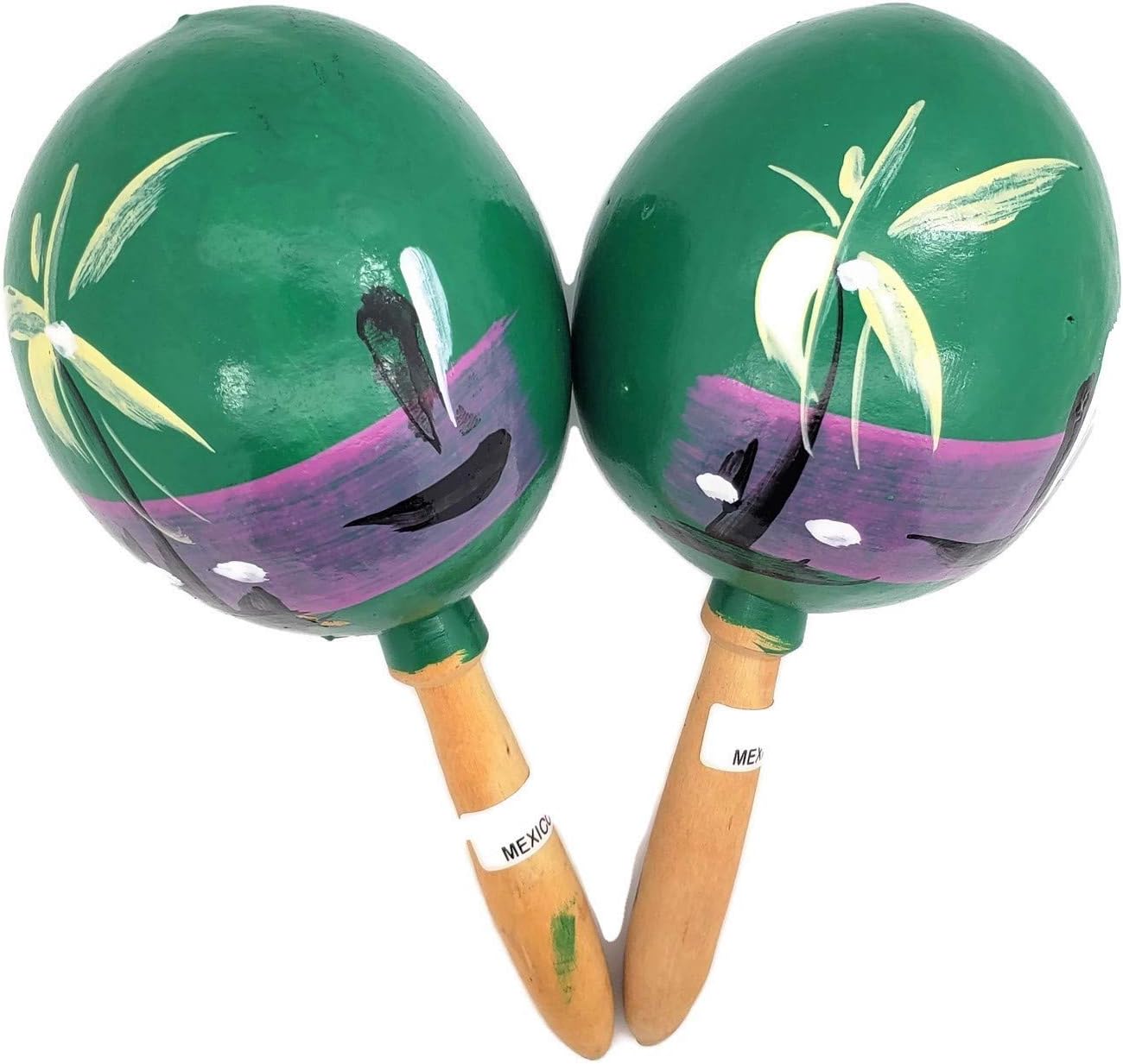 8" Hand Made Genuine Mexican Real Wooden Maracas (Pack of 2) (Green)