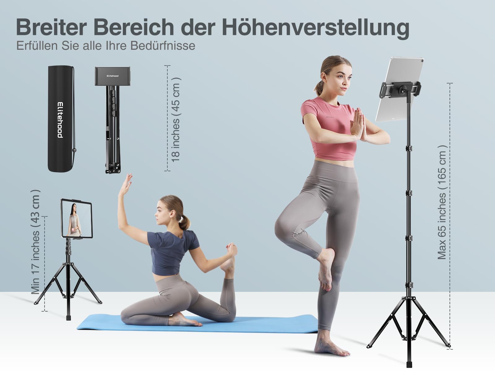 elitehood Aluminium Tablet Stativ Halterung - Tablet Ständer Höhenverstellbar bis 65'' Halter Stativ für iPad Pro 9.7, 10.5, 12.9, Air, Mini, iPhone 4.7-13 Zoll
