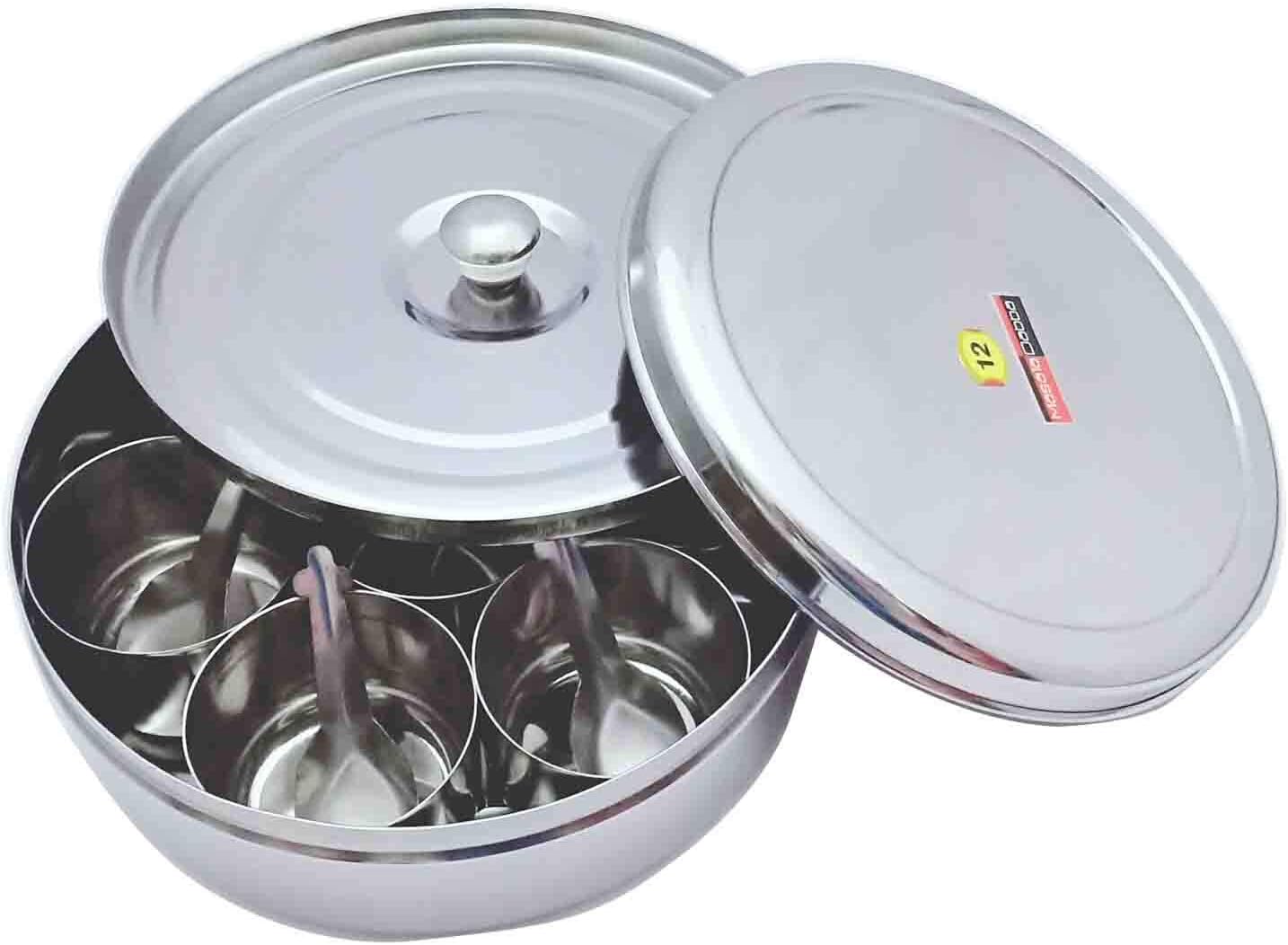 Masala Dabba Masala Box, Stainless Steel Spice Box Indian Masala Dabba Stainless Steel Masala Dabba 7 Container Double Lid Spice Container Box with 7 Spoons Kitchen Spice Box Spice Box for Chefs