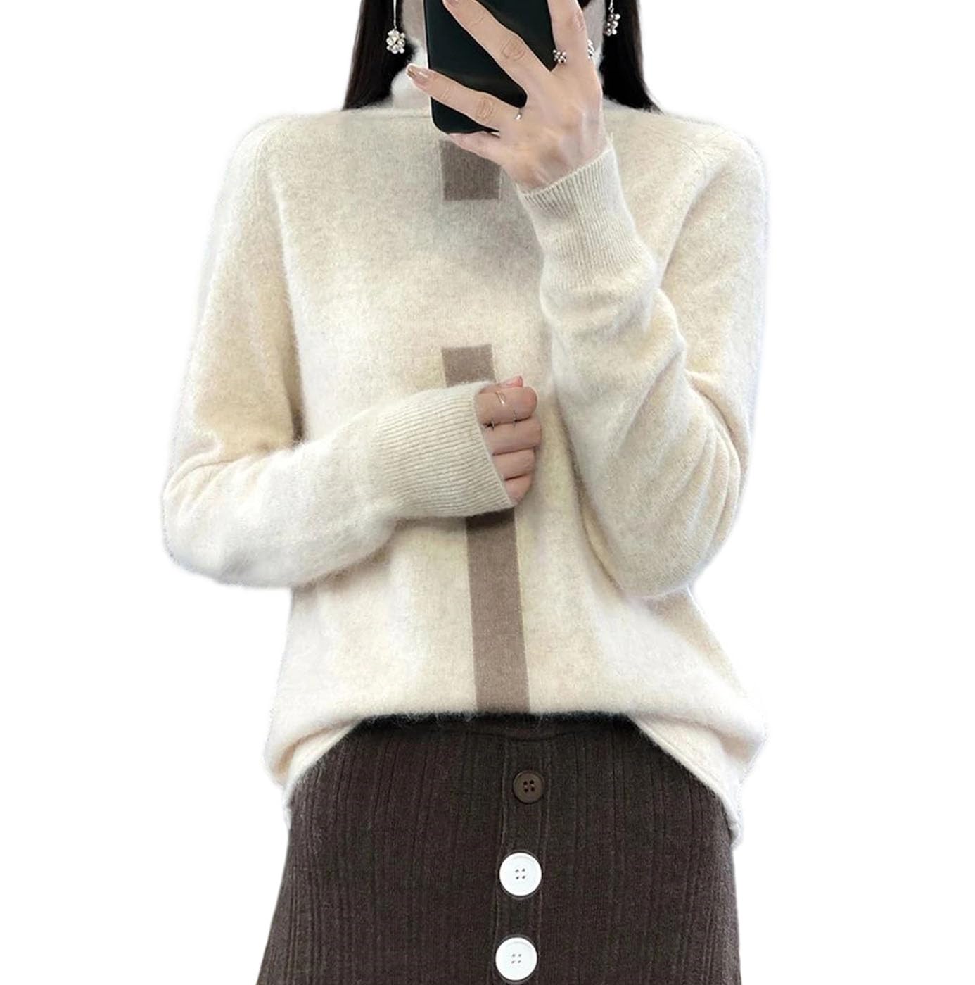 Sweter Damski Z Dzianiny Wełnianej, Golf, Długi Rękaw, Blok Kolorów, Swobodny, Jesienno-Zimowy, Ciepły-Beige-X-Large