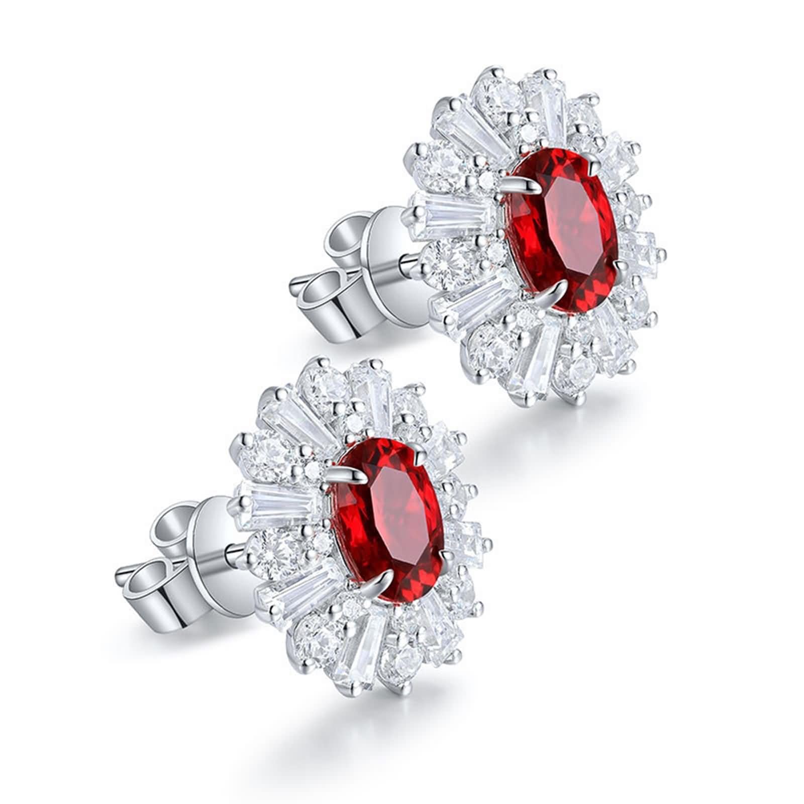 Ohrringe Hochzeit Damen 9K / 14K / 18 K Weißgold, 5x7MM Oval mit Erstellter Rubin 3,81 Karat und Moissanit, Hochzeit Damen Ohrringe Silber Rot