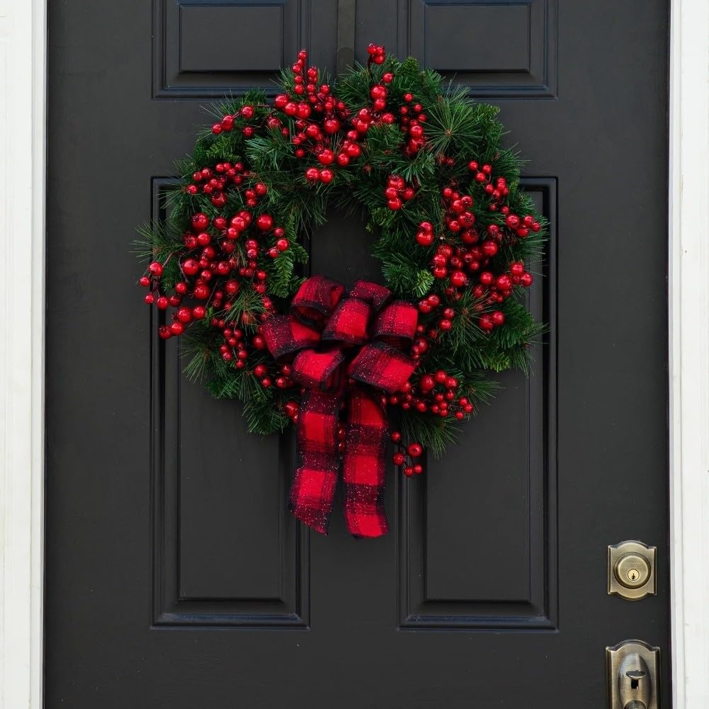 Couronne de vacances avec baies de houx rouges artificielles, conçue pour porte et mur, décoration saisonnière résistante aux intempéries (30 cm)