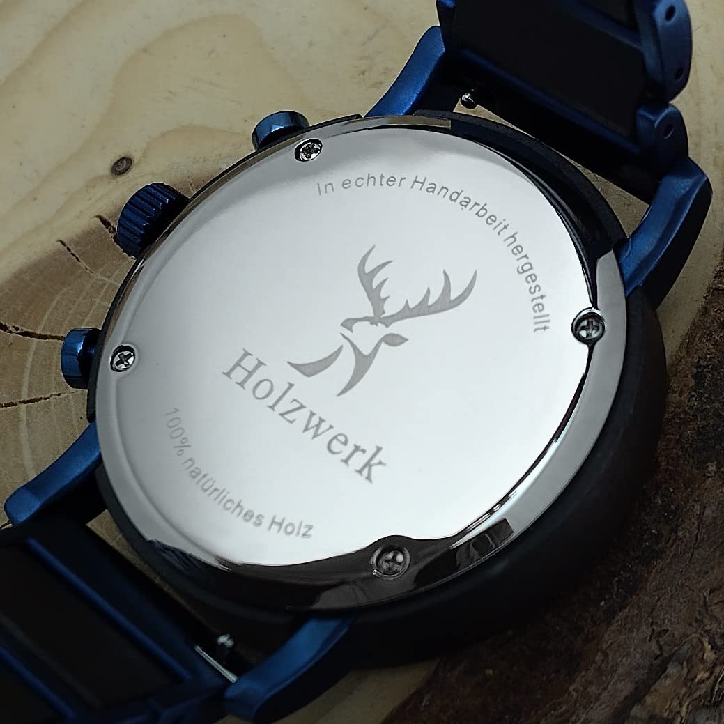 Holzwerk Germany Ręcznie wykonany designerski zegarek męski ekologiczny naturalny drewniany zegarek chronograf zegarek na rękę analogowy zegarek kwarcowy brązowy czarny niebieski z fazą księżyca, niebieski
