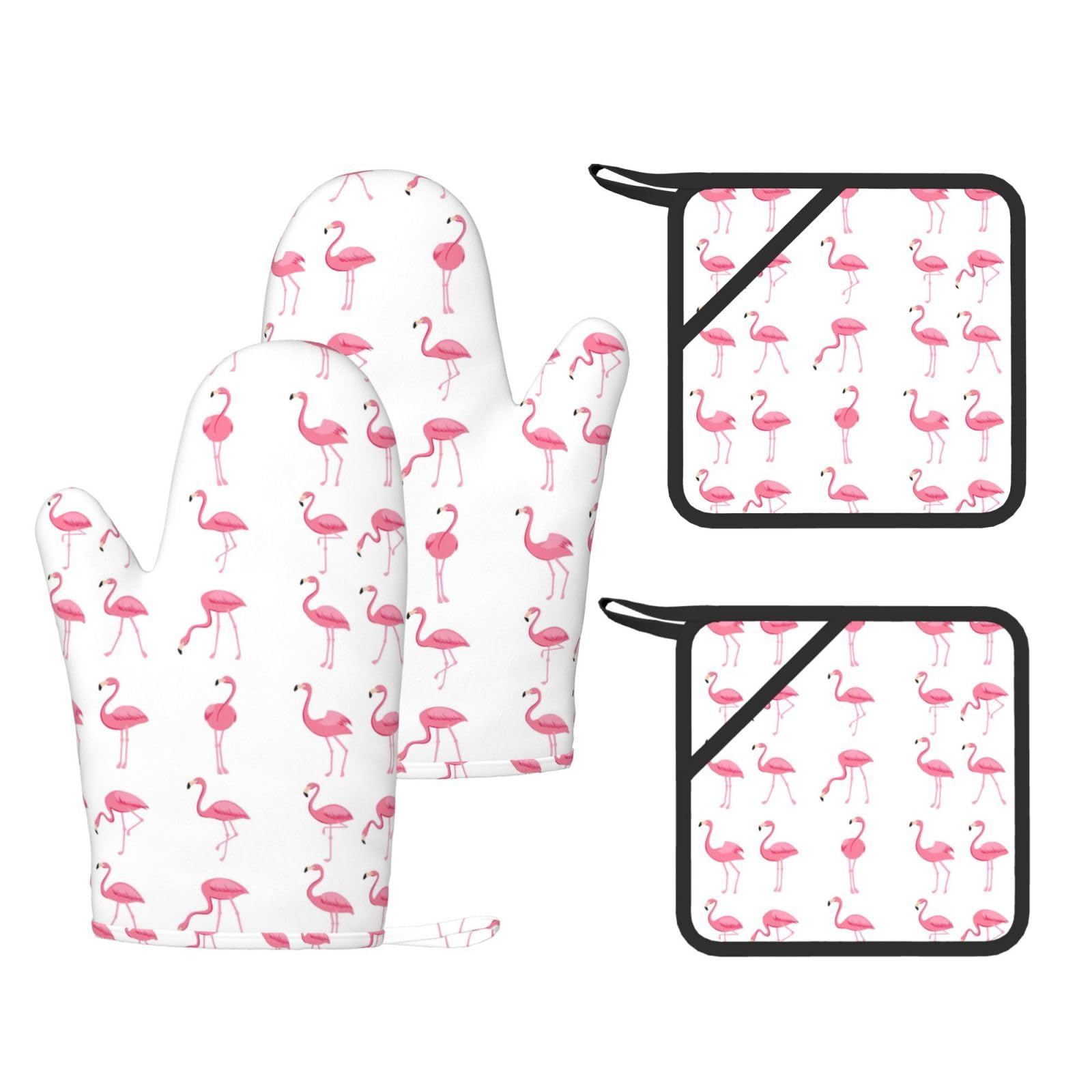 Eeprty Black Flamingos On White Printed Kitchen Oven Gloves And Potholder 4 Pcs, Non-Slip Heat Resistant Mitts For Baking Chef