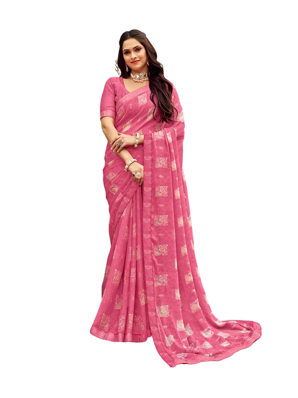 Satrani Women's Chiffon Floral Printed Saree With Unstitched Blouse Piece (3678S3140N_Pink)