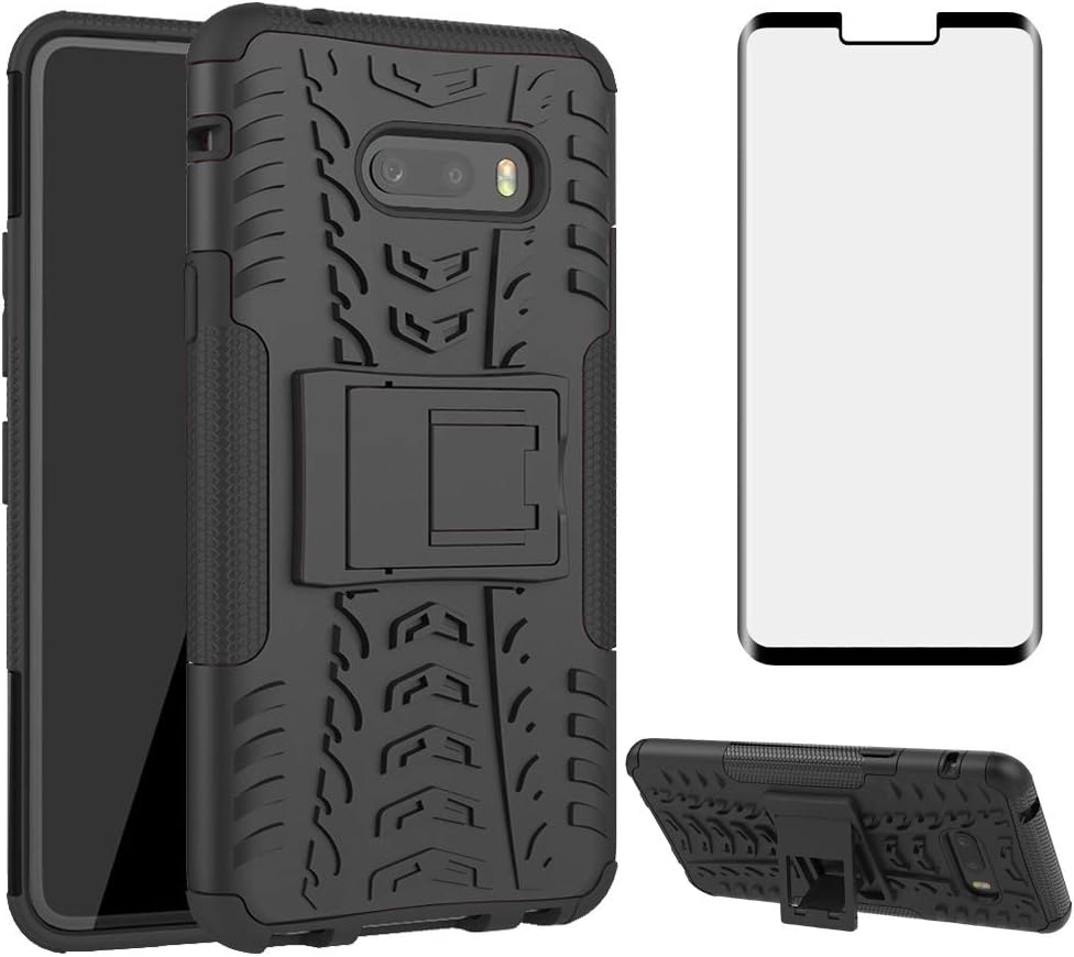 Phone Case for LG G8X ThinQ V50S Thin Q with Tempered Glass Screen Protector Cover and Stand Kickstand Hard Rugged Hybrid Protective Cell Accessories LGG8XThinQ GX8 8X Cases Boys Women Girls Men Black