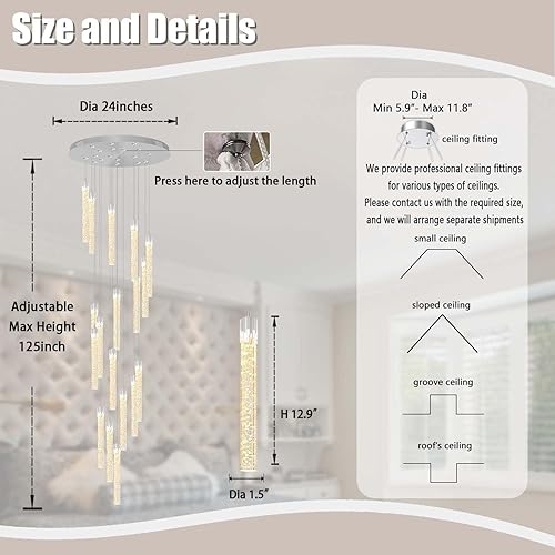 Miniatura 4 de H125 '' Lámparas de cristal modernas para entrada, 18 luces LED regulables, lámpara colgante grande para escaleras, sala de estar, villa