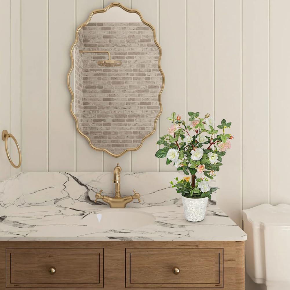 Hollyone Artificial Plants & Flowers in Vase White Camellia Roses Faux Flower Plant Arrangement with Pot Fake Rose Flowers Home Decor Office Bathroom Shelf Desk Table Decoration - Image 6