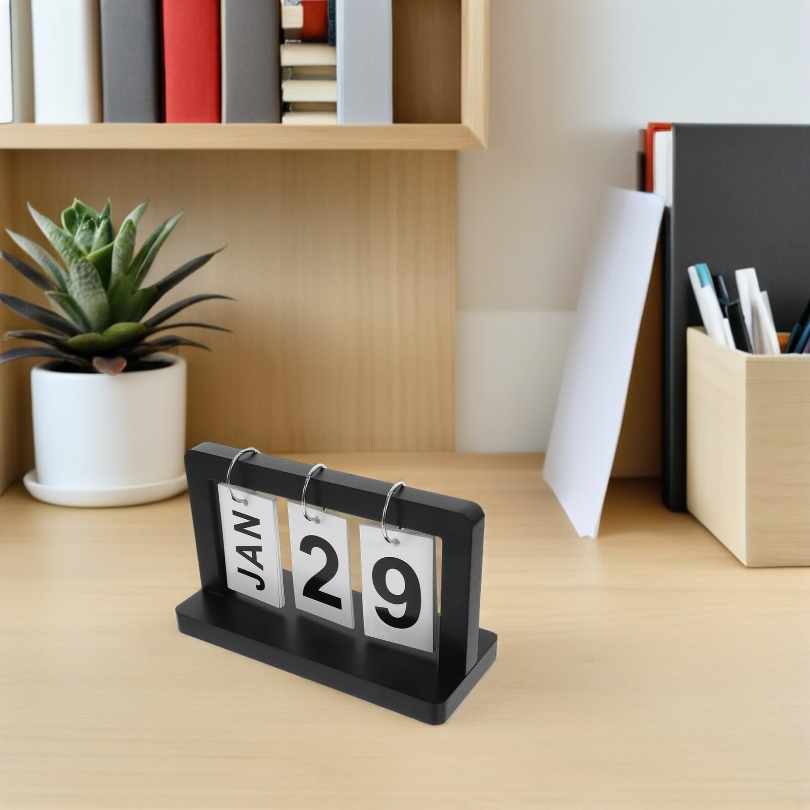 4 Sztuki Częściowy Drewniany Flip Calendar Biurkowy Naturalne Wykończenie Stojący Dekoracyjny Kalendarz Wieczny z Wyświetlaczem Miesiąca i Daty Praktyczny Planer Do Codziennego