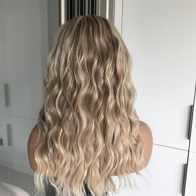 AlSOM Mila Warm Blonde Scandinavian Hairline Water WaveFree Part Lace Front Wig 16 Inch Low Density Synthetic LaceWig for Women Daily Use